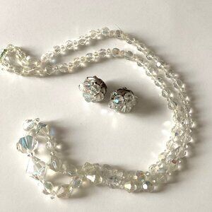 Vintage 1950s Aurora Borealis Necklace & Clip on Earrings Retro Y2K